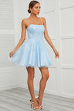 Blue Tulle Short Ball Dress with Appliques