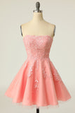 Blush Strapless Short Party Dress with Appliques