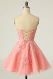Blush Strapless Short Party Dress with Appliques