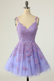 Purple Short V-Neck Fit-and-Flare Cocktail Dress Lace Up Back