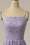 Light Purple A Line Long Sleeveless Ball Dress with Split Appliques