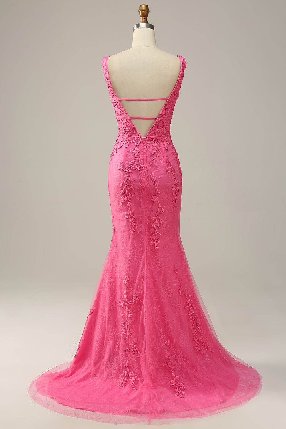 Mermaid Deep V Neck Hot Pink Long Ball Dress with Open Back