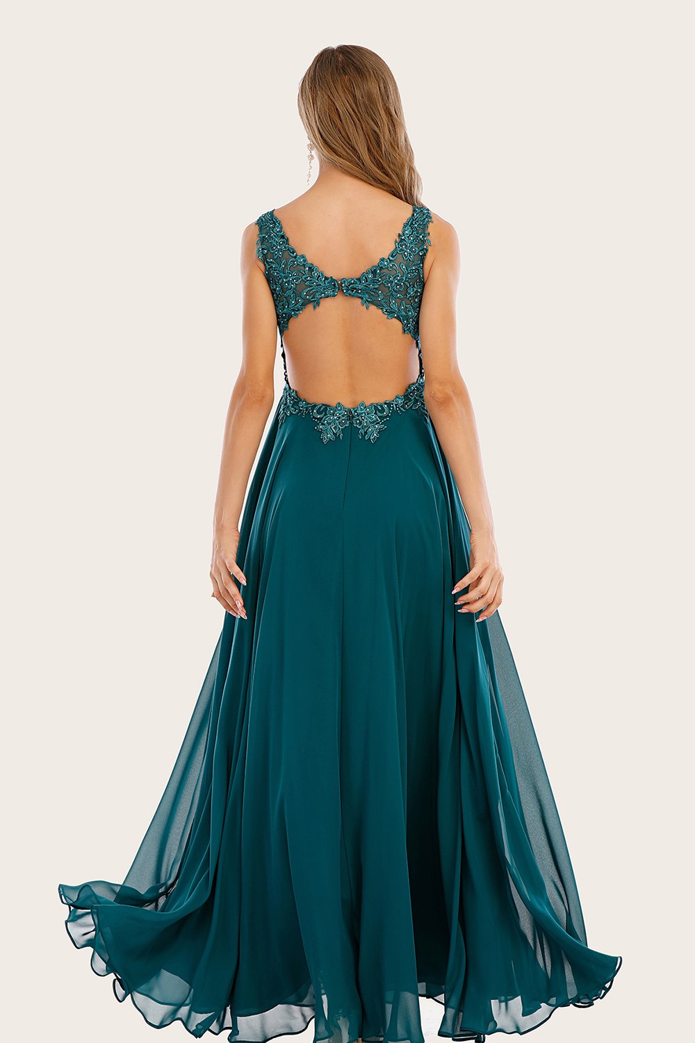 Turquoise Chiffon Long Ball Dress with Beading