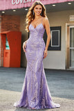 Lilac Sparkly Mermaid Long Ball Dress with Beading