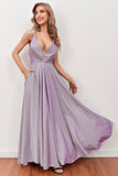 Lilac Deep V-Neck Long Ball Dress with Cross Straps