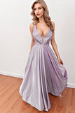 Lilac Deep V-Neck Long Ball Dress with Cross Straps