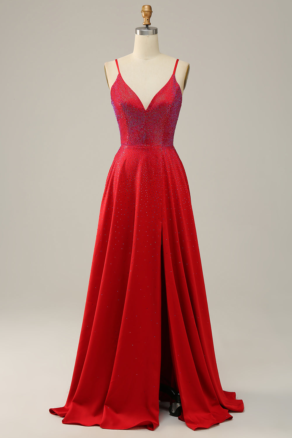 A Line Red Spaghetti Straps Beaded Long Ball Dress