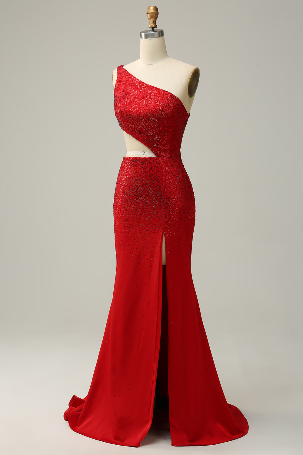 Mermaid One Shoulder Red Cut Out Ball Dress with Beading