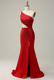 Mermaid One Shoulder Red Cut Out Ball Dress with Beading