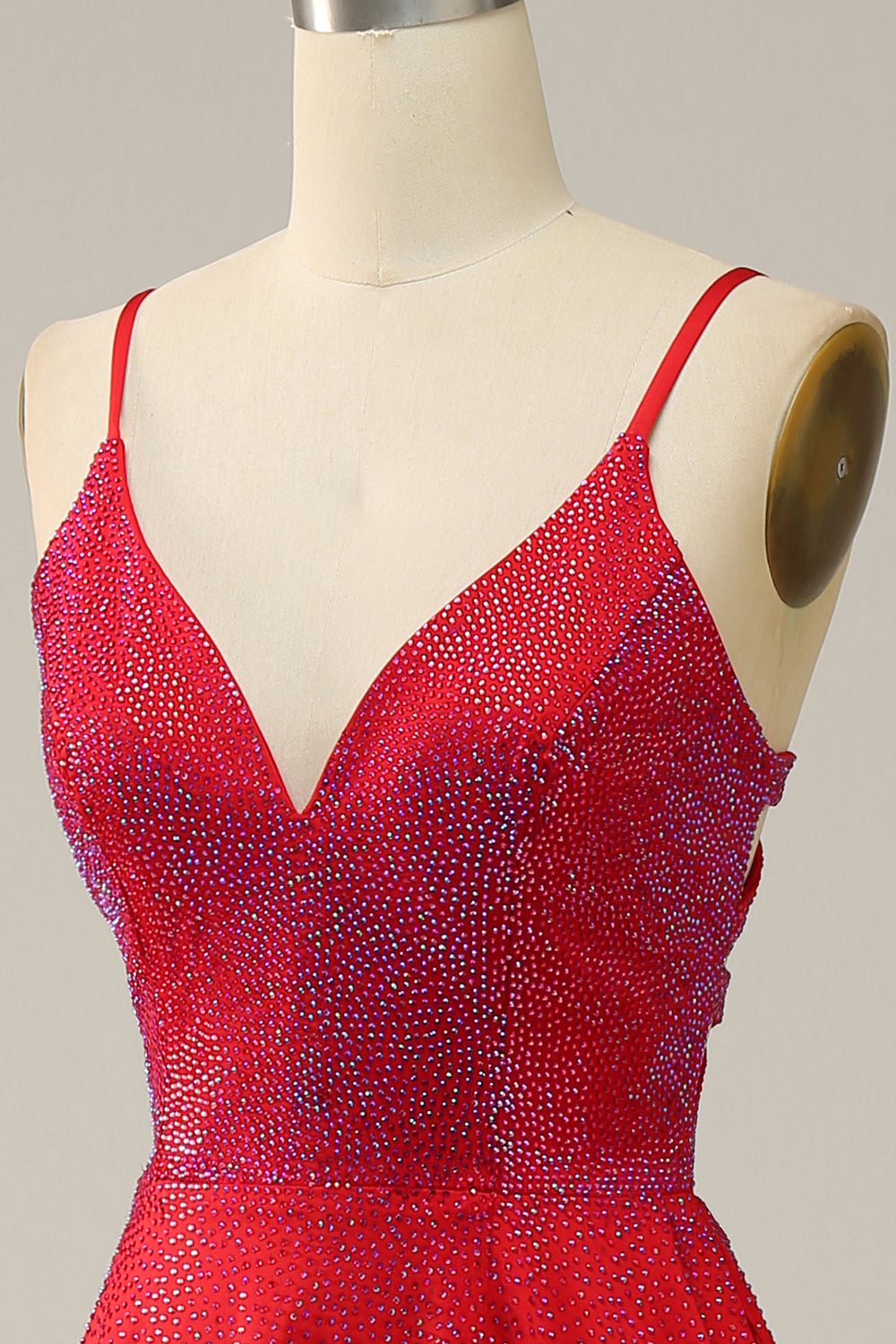 A Line Red Spaghetti Straps Beaded Long Ball Dress