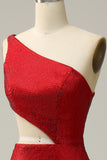 Mermaid One Shoulder Red Cut Out Ball Dress with Beading