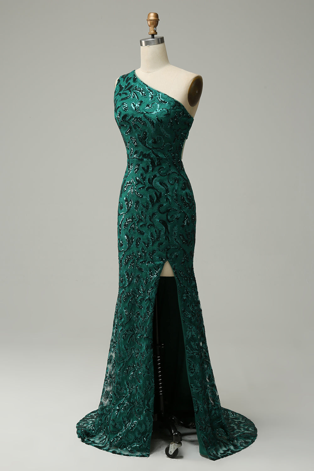 Mermaid One Shoulder Dark Green Sequins Long Ball Dress with Split Front