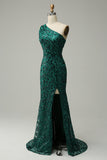 Mermaid One Shoulder Dark Green Sequins Long Ball Dress with Split Front