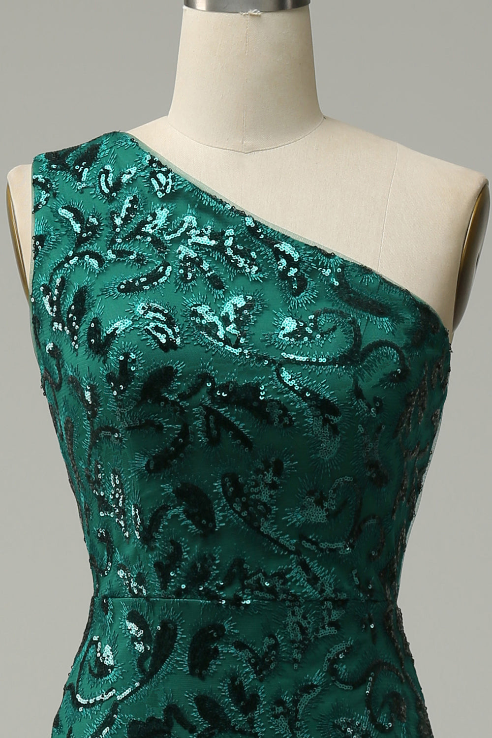 Mermaid One Shoulder Dark Green Sequins Long Ball Dress with Split Front