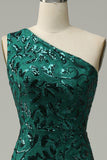 Mermaid One Shoulder Dark Green Sequins Long Ball Dress with Split Front
