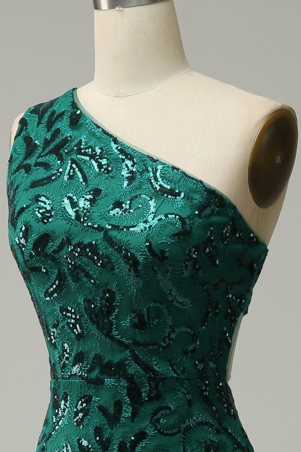 Mermaid One Shoulder Dark Green Sequins Long Ball Dress with Split Front