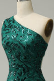 Mermaid One Shoulder Dark Green Sequins Long Ball Dress with Split Front