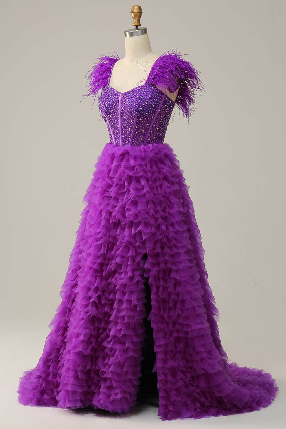 A Line Sweetheart Purple Long Ball Dress with Beading Feathers
