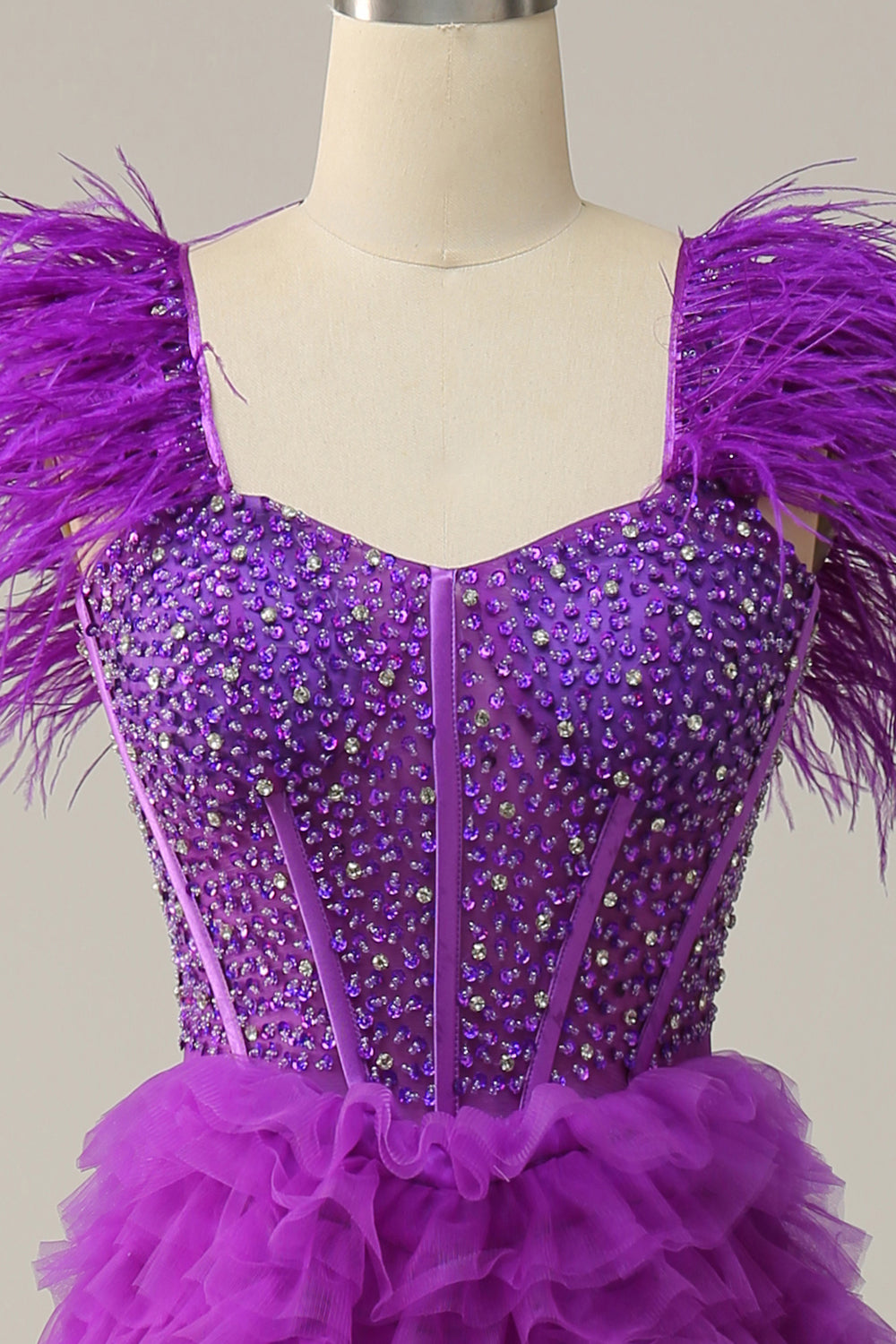 A Line Sweetheart Purple Long Ball Dress with Beading Feathers