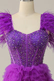 A Line Sweetheart Purple Long Ball Dress with Beading Feathers