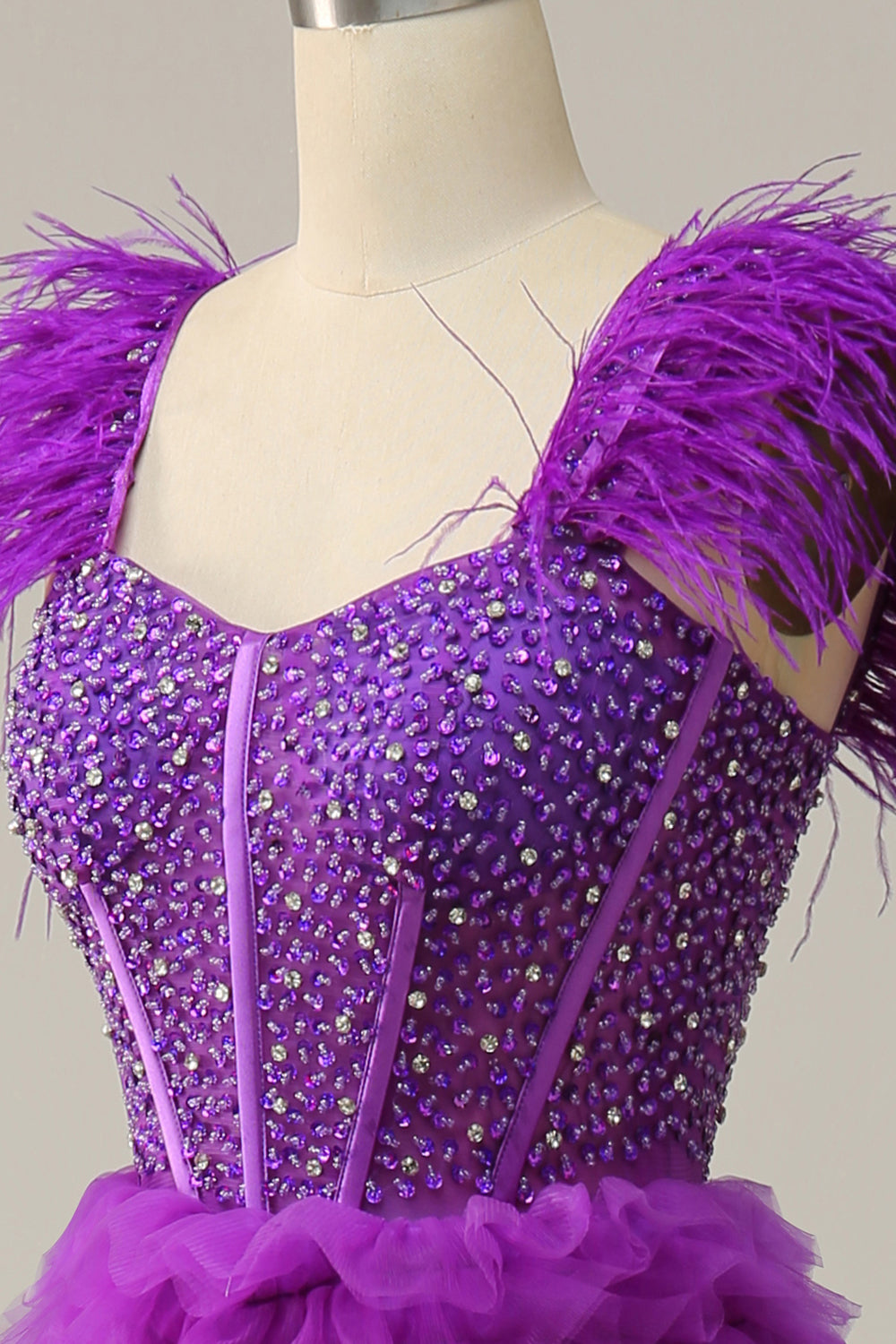 A Line Sweetheart Purple Long Ball Dress with Beading Feathers