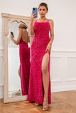 Hot Pink Spaghetti Straps Sequin Ball Dress