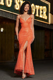 Sparkly Orange Mermaid Spaghetti Straps Sequins Ball Dress With Slit