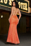Sparkly Orange Mermaid Spaghetti Straps Sequins Ball Dress With Slit