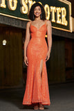 Sparkly Orange Mermaid Spaghetti Straps Sequins Ball Dress With Slit