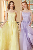 Gorgeous A Line Spaghetti Straps Yellow Long Ball Dress with Appliques
