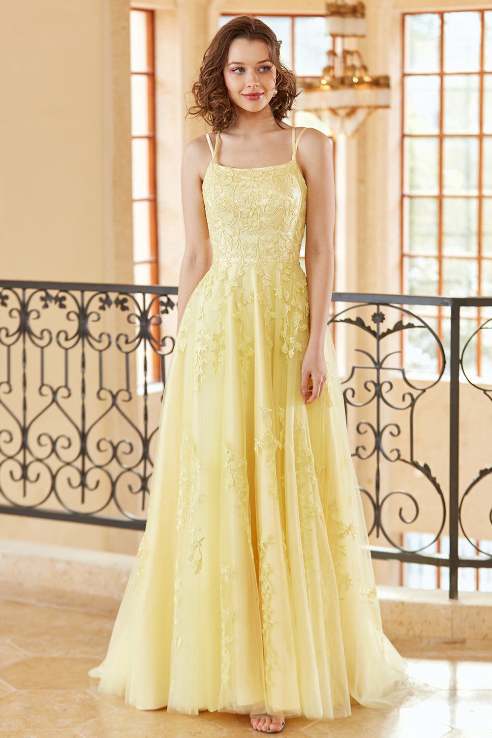 Gorgeous A Line Spaghetti Straps Yellow Long Ball Dress with Appliques