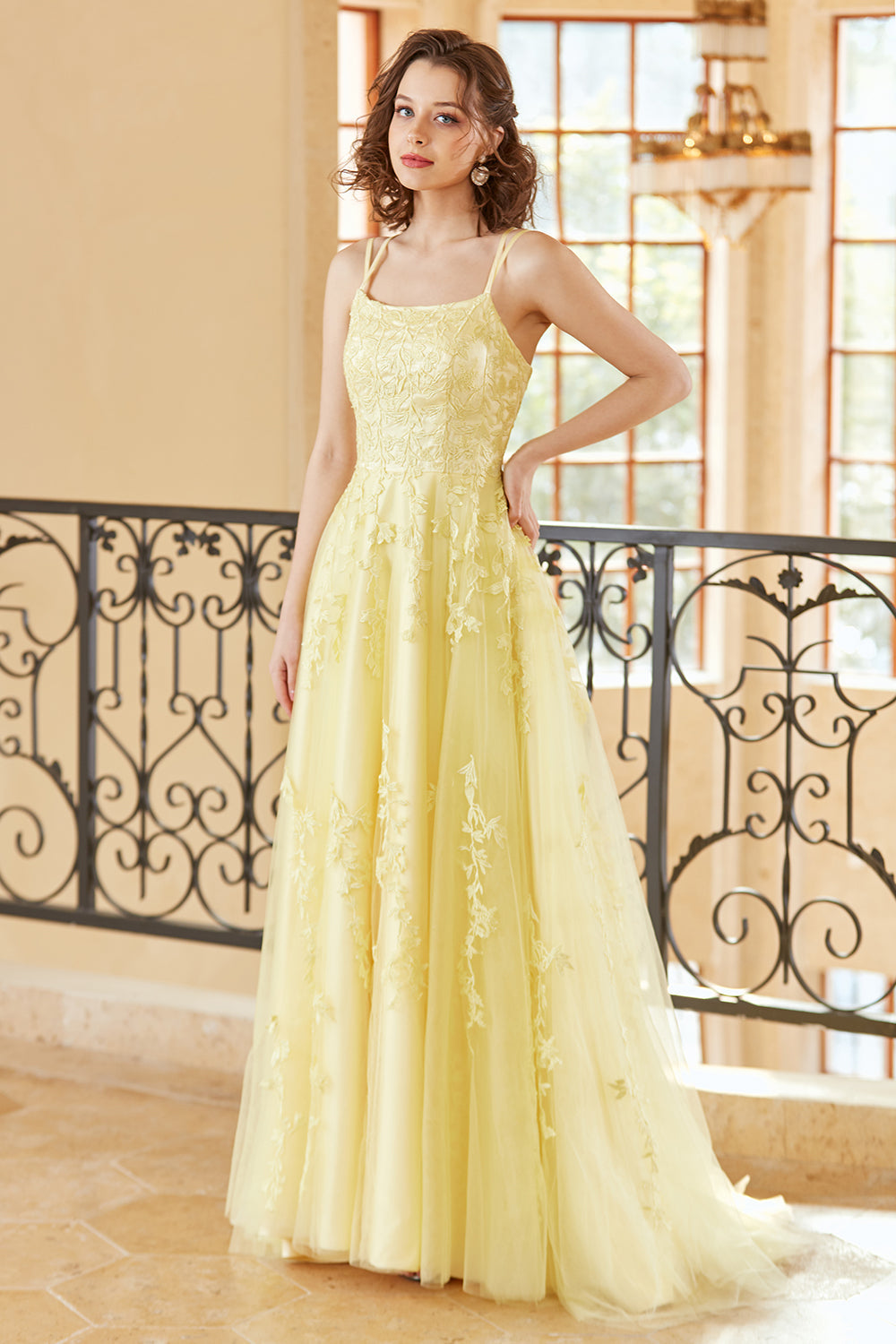 Gorgeous A Line Spaghetti Straps Yellow Long Ball Dress with Appliques