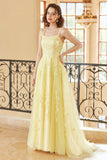 Gorgeous A Line Spaghetti Straps Yellow Long Ball Dress with Appliques