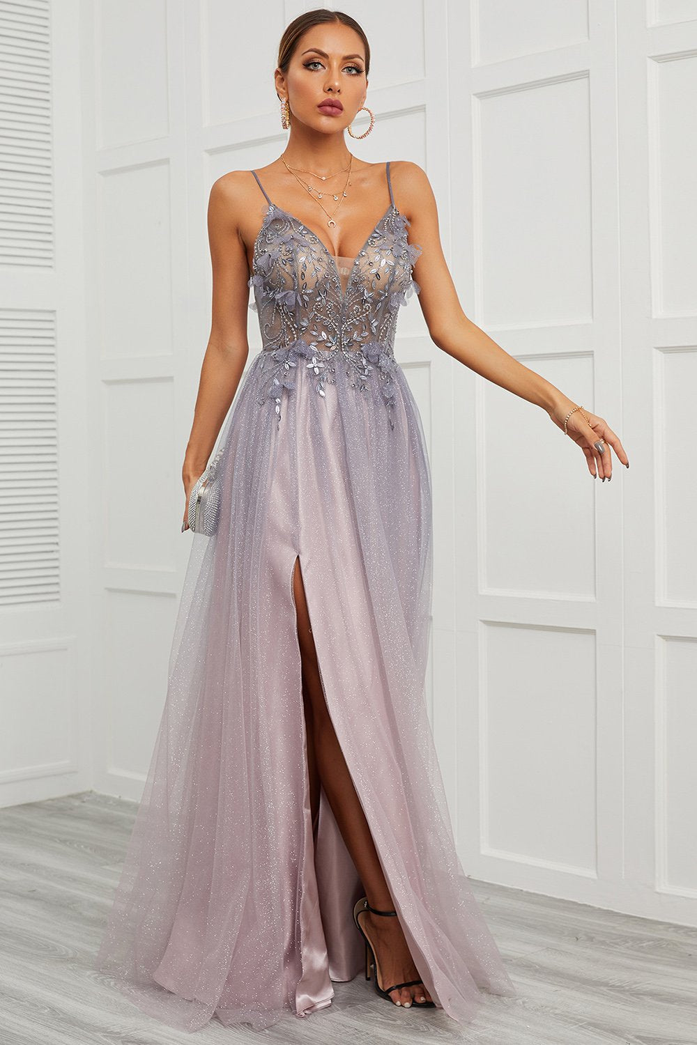 Spaghetti Straps Appliques Long Ball Dress with Split Front