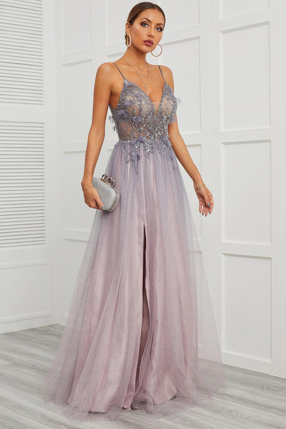 Spaghetti Straps Appliques Long Ball Dress with Split Front