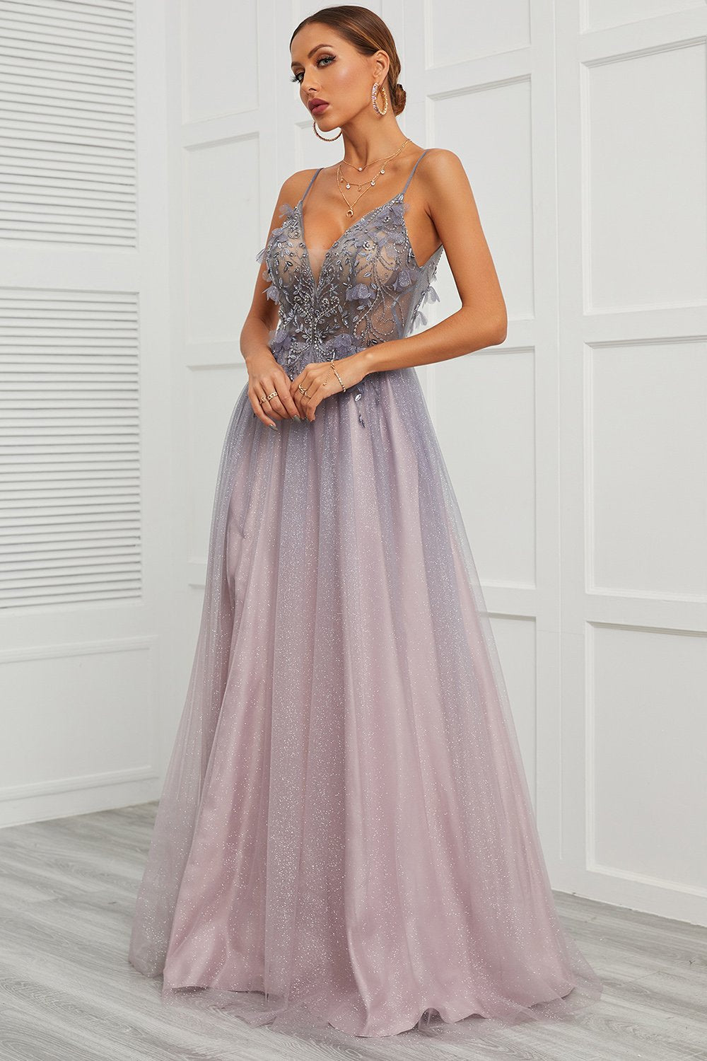 Spaghetti Straps Appliques Long Ball Dress with Split Front
