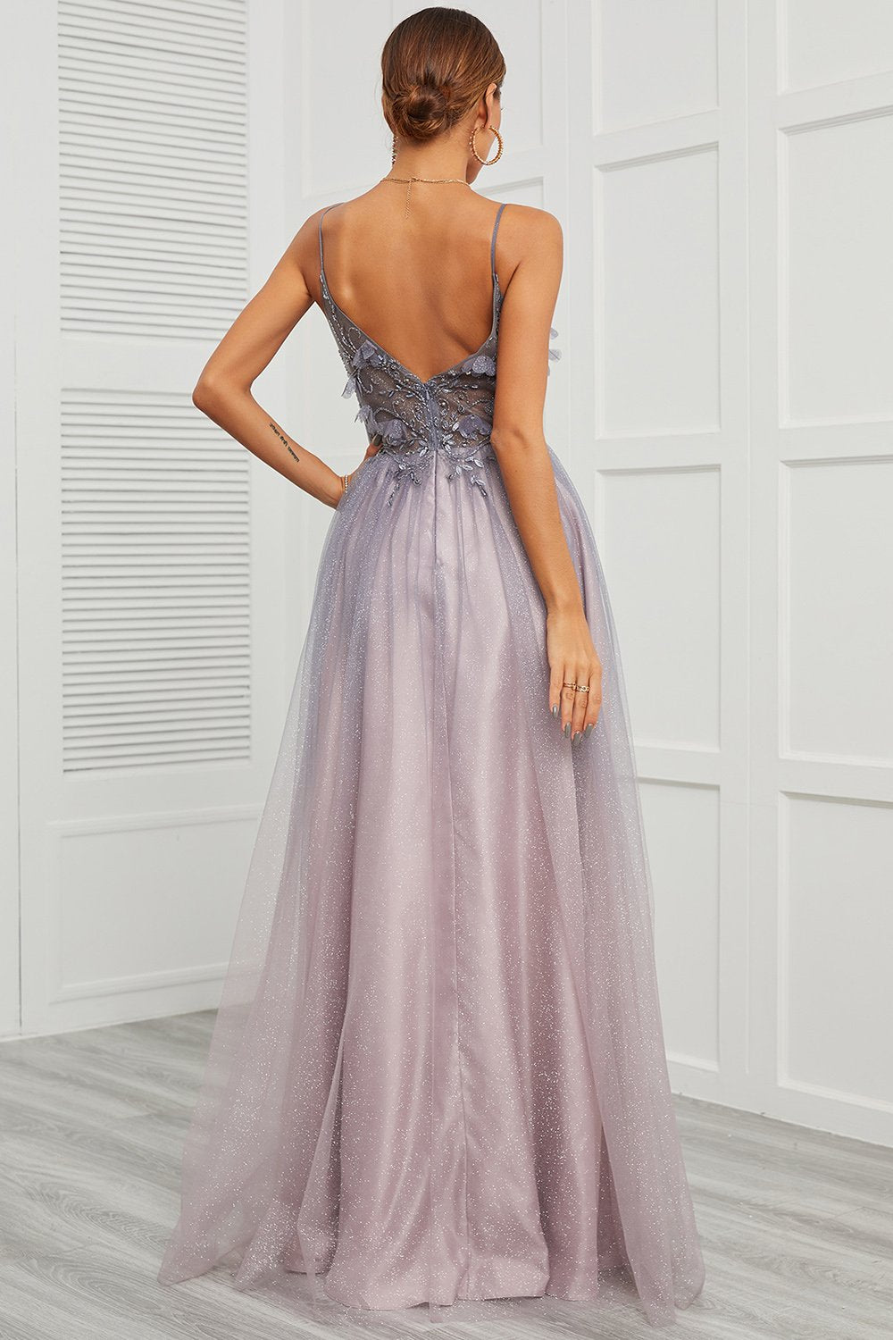Spaghetti Straps Appliques Long Ball Dress with Split Front
