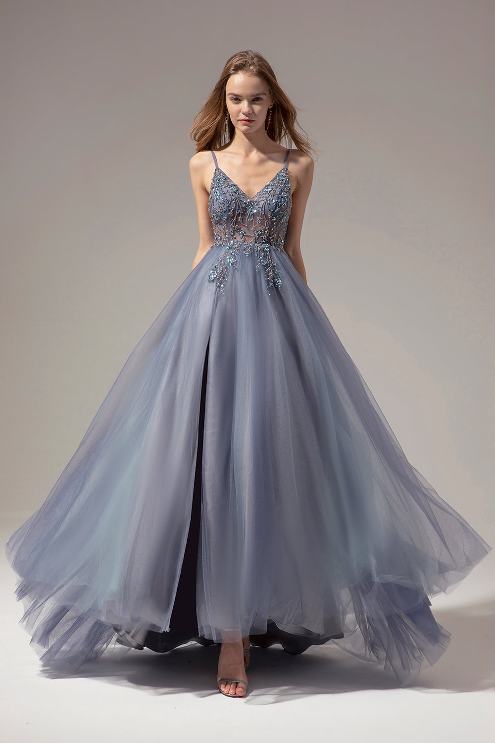 V-neck Long Ball Dress With Slit
