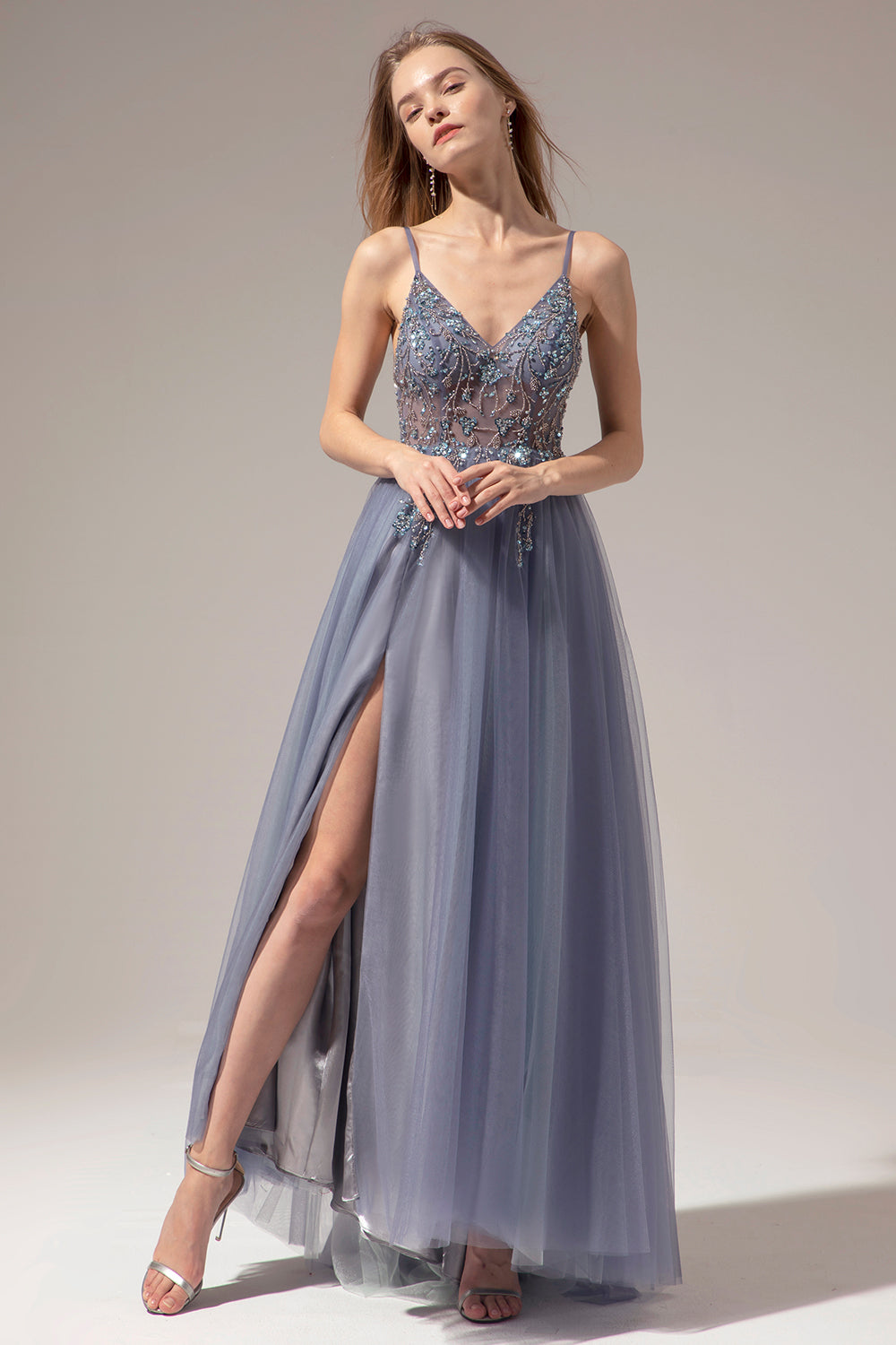 V-neck Long Ball Dress With Slit