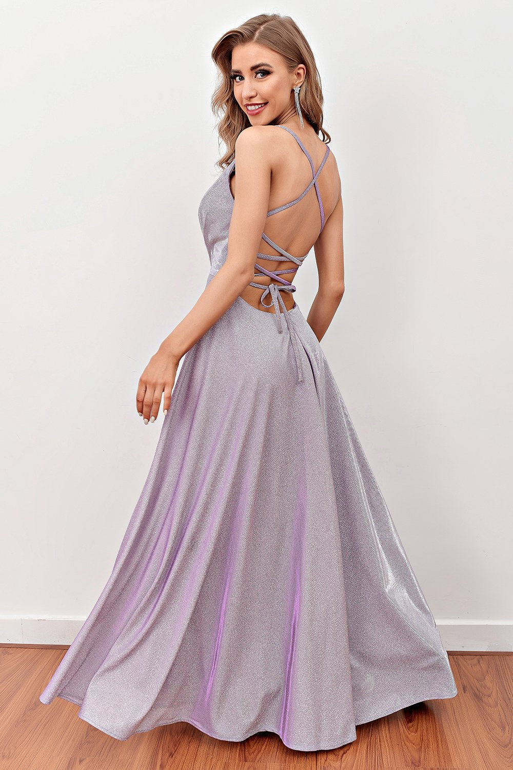 Lilac Deep V-Neck Long Ball Dress with Cross Straps