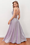 Lilac Deep V-Neck Long Ball Dress with Cross Straps