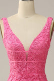 Mermaid Deep V Neck Hot Pink Long Ball Dress with Open Back