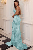 Light Blue Mermaid Sequin V-Neck Long Mermaid Ball Dress