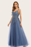 Dusty Blue Appliqued V-Neck Tulle Long Ball Dress