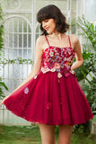 Burgundy A Line Spaghetti Straps Cocktail Dress With 3D Flowers