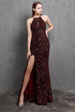 Burgundy Halter Sequins Long Ball Dress