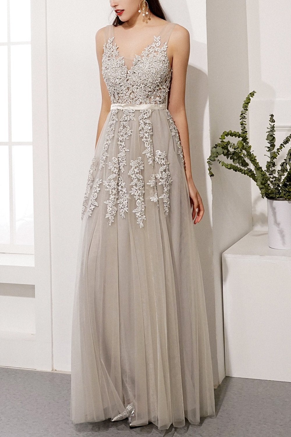 Grey Appliques Long Ball Dress