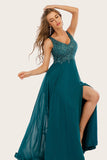 Turquoise Chiffon Long Ball Dress with Beading