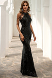 Black Mermaid Floor-Length Sequin Evening Party Ball Dress