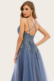 Dusty Blue Appliqued V-Neck Tulle Long Ball Dress
